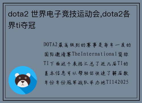 dota2 世界电子竞技运动会,dota2各界ti夺冠
